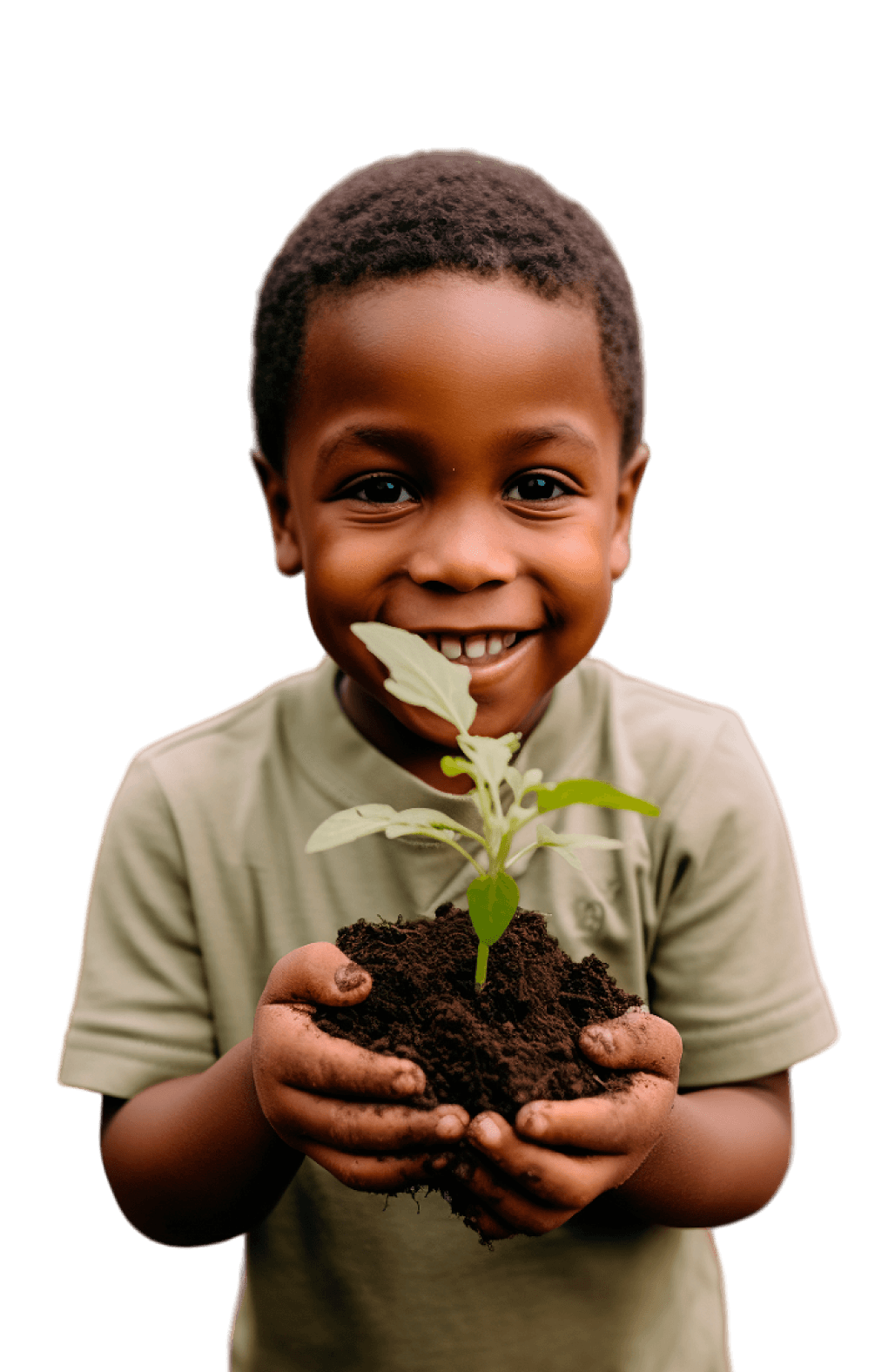 Menino sorrindo segurando uma muda de planta